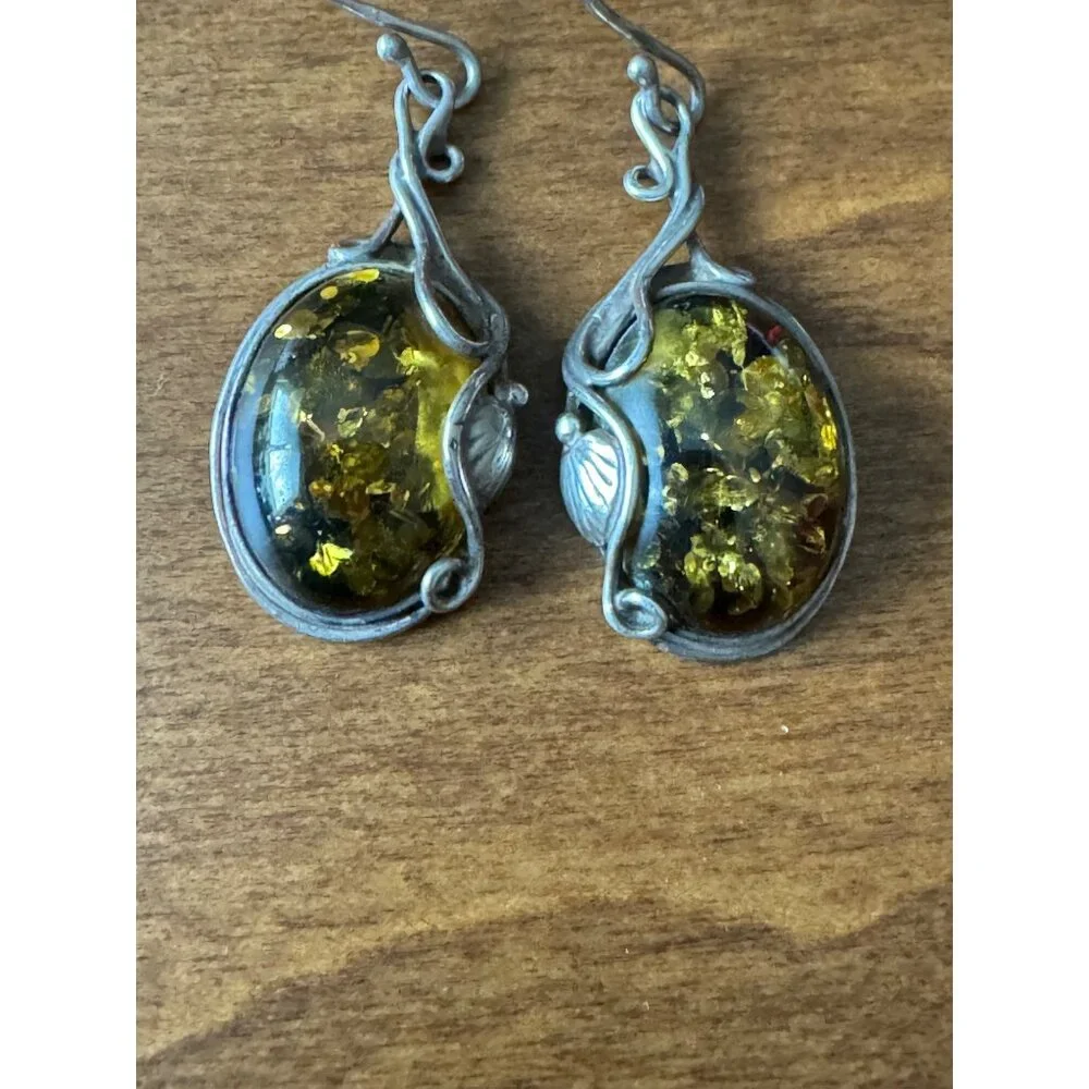 Elegant Vintage Amber & Sterling Silver Earrings Dangle Hook - Picture 1 of 5
